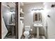 Stylish bathroom features pedestal sink, shower, and decorative mirror at 9754 Las Colinas Dr, Lone Tree, CO 80124