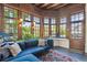 Bright living room with large windows, wood accents, hardwood floors, and a comfortable blue sectional at 1401 N Franklin St # 1, Denver, CO 80218