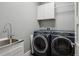 Convenient laundry room equipped with a modern washer and dryer, along with ample storage space at 2508 S Pennsylvania St, Denver, CO 80210
