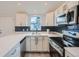 Well-equipped kitchen with stainless steel appliances, white countertops, blue backsplash, and modern cabinetry at 3379 S Eliot St, Englewood, CO 80110