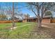 Wide backyard offering green grass, patio, brick house and mature shade trees at 2203 S Harlan St, Denver, CO 80227