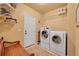 Functional laundry room with modern washer and dryer, storage shelves, and ample space at 24316 E Ottawa Ave, Aurora, CO 80016