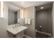 Stylish powder room featuring a pedestal sink, decorative mirror and modern fixtures at 237 Maplehurst Dr, Highlands Ranch, CO 80126