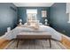 Serene main bedroom with plush bedding, dark walls, bedside lamps, and a stylish bench at the foot of the bed at 1410 Vine St # 3, Denver, CO 80206