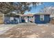 Backyard view of blue siding and patio with steps in a gravel yard, perfect for outdoor entertaining at 2718 S Hazel Ct, Denver, CO 80236