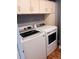 Laundry room features white washer and dryer with matching cabinets at 6973 Summerset Ave, Longmont, CO 80504