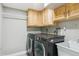 Well-equipped laundry room with modern washer, dryer, sink, and upper cabinets for storage at 6537 S Brentwood Way, Littleton, CO 80123