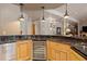 Close-up view of basement bar with black countertop, wine fridge, stainless steel dishwasher, and maple cabinets at 786 International Isle Dr, Castle Rock, CO 80108