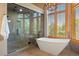 Bathroom featuring a soaking tub, standing shower, and many windows with natural light at 786 International Isle Dr, Castle Rock, CO 80108
