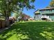 Spacious green backyard with mature trees, shed, and wooden fence, providing privacy and shade at 8296 S Reed St, Littleton, CO 80128