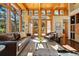 Cozy living room featuring wood ceilings, many windows, and leather furniture at 9041 Eastridge Rd, Golden, CO 80403
