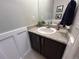Charming powder room with granite countertop, modern sink, decorative wainscoting, and framed art at 5724 S Rome St, Aurora, CO 80015