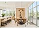 Eat-in kitchen dining nook with modern lighting and views to the backyard at 20 Viking Dr, Cherry Hills Village, CO 80113