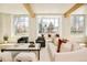 Beautiful living room with built in window seat, many windows, and neutral colors at 20 Viking Dr, Cherry Hills Village, CO 80113