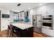 Modern kitchen featuring stainless steel appliances, an island with seating, and bright blue tile backsplash at 2334 Lowell Blvd, Denver, CO 80211