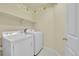 The laundry room includes a washer, dryer, and a shelf for storage and decorative wallpaper at 18142 E Oakwood Pl, Aurora, CO 80016