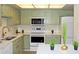 Newly remodeled kitchen, featuring white appliances and soft green cabinets at 13890 E Marina Dr # 612, Aurora, CO 80014
