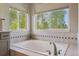 Relaxing bathroom featuring a soaking tub with tile accents and views of the surrounding trees at 10155 Riverstone Dr, Parker, CO 80134