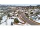 Panoramic aerial view of a quiet neighborhood with snow-dusted houses and mountain views at 1206 Baldwin Park Cir, Castle Rock, CO 80104