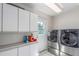 Laundry room with modern washer and dryer, ample cabinet space, and an exterior door at 17450 E 14Th Dr, Aurora, CO 80011