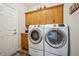 Modern laundry room with a front loading washer and dryer, wood cabinets, and utility sink at 6617 S Reed Way # C, Littleton, CO 80123