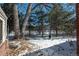 Partially snow-covered backyard with mature trees and tire swing at 3750 S Ogden St, Englewood, CO 80113