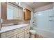 Bathroom features shower and tub combo, along with sink, vanity, toilet, and mirrored medicine cabinet at 18240 E Mexico Pl, Aurora, CO 80017