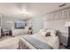 Bright bedroom featuring two beds, carpeted floors, light blue walls, and a window with coverings at 1013 E 130Th Dr, Thornton, CO 80241