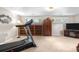 Finished basement featuring a treadmill, neutral carpet, and ample storage space at 6919 S Valentia St, Centennial, CO 80112