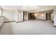 Spacious basement features wood burning stove on brick platform, skylight and neutral carpeting at 10020 Bryant St, Denver, CO 80260