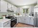 A kitchen featuring stainless appliances, white cabinets, and a window with a wooded view at 11650 Baca Rd, Conifer, CO 80433