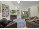 Bright living room featuring a fireplace, built-in bookshelves, and sliding glass doors at 5370 S Union Way, Littleton, CO 80127
