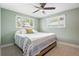 Bedroom with a ceiling fan, carpeted floors, and two windows for plenty of natural light at 5455 E Iowa Ave, Denver, CO 80222