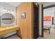 Clean bathroom with a yellow vanity and walk-in shower at 1140 Ski Hill Rd # 25, Breckenridge, CO 80424