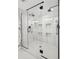 Modern, glass-enclosed shower stall featuring dual shower heads and built-in shelving at 7152 E Hinsdale Pl, Centennial, CO 80112