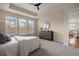 Comfortable bedroom features a ceiling fan, carpeted floors, tray ceiling, and backyard views at 10049 Isle St, Parker, CO 80134