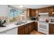 Bright kitchen with stainless steel sink, white appliances and charming backsplash at 3695 S Kittredge St # C, Aurora, CO 80013