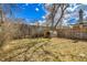 Fenced backyard with mature trees and shed is ready for landscaping and entertaining at 1448 Newport St, Denver, CO 80220