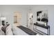 Bright bedroom with a walk-in closet and attached bath featuring modern black and white decor with large abstract wall art at 3500 S Corona St # 407, Englewood, CO 80113
