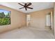 Neutral bedroom featuring a ceiling fan, carpeted floor, and bright natural light from the window at 27124 Sun Ridge Dr, Evergreen, CO 80439