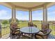 Covered outdoor patio with wicker furniture, stone pillars, and stunning views of the surrounding landscape at 3358 Castle Butte Dr, Castle Rock, CO 80109