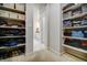 Spacious walk-in closet with open shelving and neutral carpet at 5771 Slate River Pl, Brighton, CO 80601
