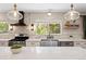 Bright kitchen features a stainless steel sink, gas range, sleek black hardware, and an island with pendant lighting at 17601 E Eastman Pl, Aurora, CO 80013