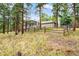 Backyard view of a property with a rustic wooden fence surrounding mature trees at 29432 Camelback Ln, Evergreen, CO 80439