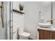 Contemporary bathroom with a large sink, modern toilet, and walk-in shower at 375 Aspen Way, Evergreen, CO 80439