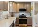 A modern kitchen features stainless steel appliances, grey cabinets and designer backsplash at 4581 S Garrison St, Littleton, CO 80123