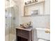 Well-lit bathroom boasts a modern vanity with mosaic tile, unique sink, and glass enclosed shower at 591 Nome St, Aurora, CO 80010