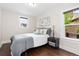 A well-lit bedroom features hardwood floors, a cozy bed with stylish bedding and a bedside table with lamps at 3649 N Garfield St, Denver, CO 80205