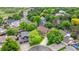 Aerial view of a property surrounded by mature trees and greenery in a suburban neighborhood at 12414 Clayton Way, Thornton, CO 80241