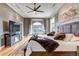 Comfortable bedroom with hardwood floors, accent lighting and a large television at 730 Summerwood Dr, Golden, CO 80401